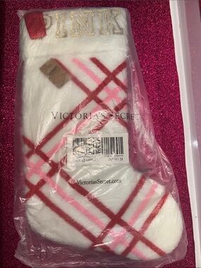 Victoria's Secret White Plaid Sherpa Holiday Stocking with Pink and Red Accents